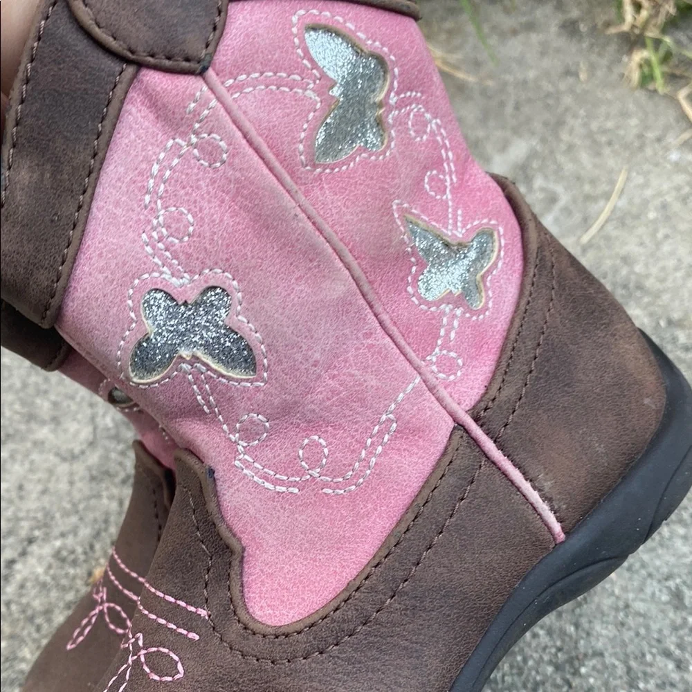 Pink and Brown Kids Cowboy Boots Cowgirl Western boot with Silver Butterfly’s - Picture 9 of 12
